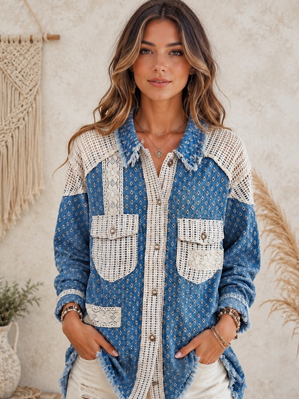 POL NWOT Oversized Top Jacket - Shacket - Denim, Crochet, Lace